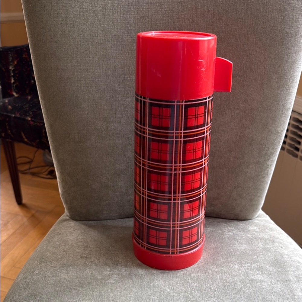 Vintage Aladdin Red  and Black Plaid Plastic Thermos